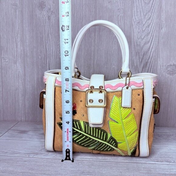 Vintage rare Coach Straw ladybug leaf tote bag purse rhinestone handbag summer - Picture 3 of 16